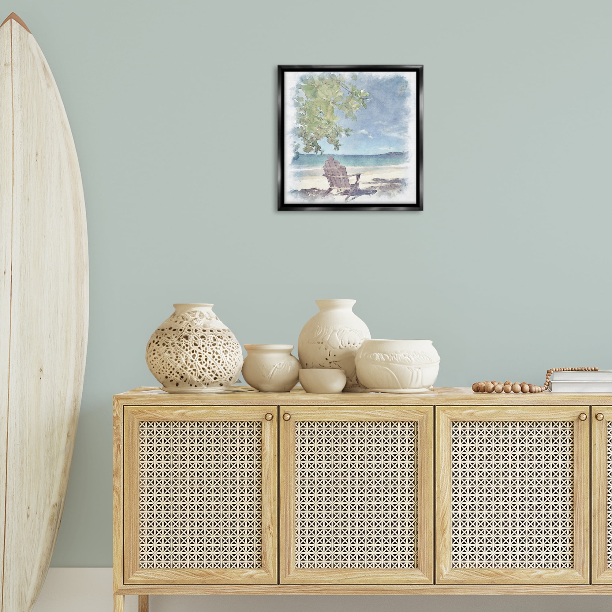 Stupell Industries Lone Chair Beach Shore Landscape & Nature Painting Black Floater Framed Canvas Art Print Wall Art, 18 x 18