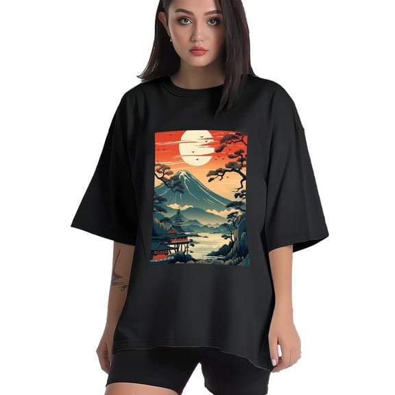 Plus Size Shirt for Women Black Tops for Women Short Sleeves Shirt for Women Chinese Landscape7 T Shirt Crewneck Shirt for Women XS