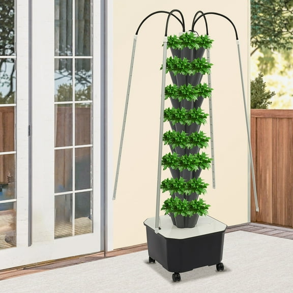 Hydroponic Growing Tower, 40-Hole Vertical System with 4 LED Lights, Auto Water Pump, 4 Locking Wheels, Grey PP for Indoor Garden