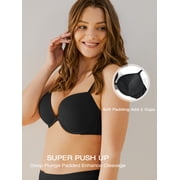 Deyllo Women's Plunge Super Padded Push Up Underwire T Shirt Bra, Black 38DD