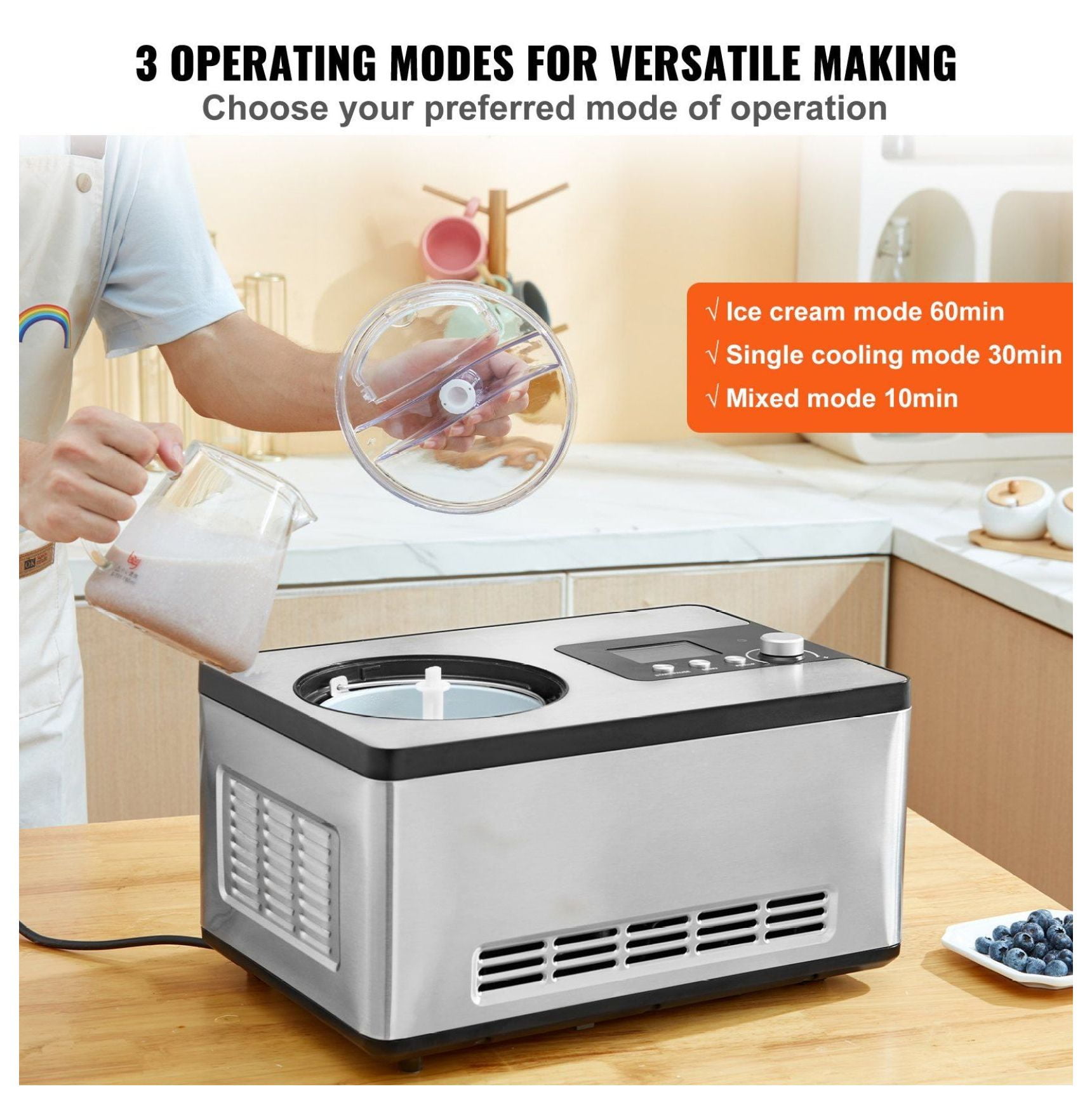 Ice Cream Maker with Compressor, 2 Quart No Pre-freeze, Fruit Yogurt Sorbet Maker, 3 Modes, LCD Display & Timer, Stainless Steel Gelato Machine, Silver