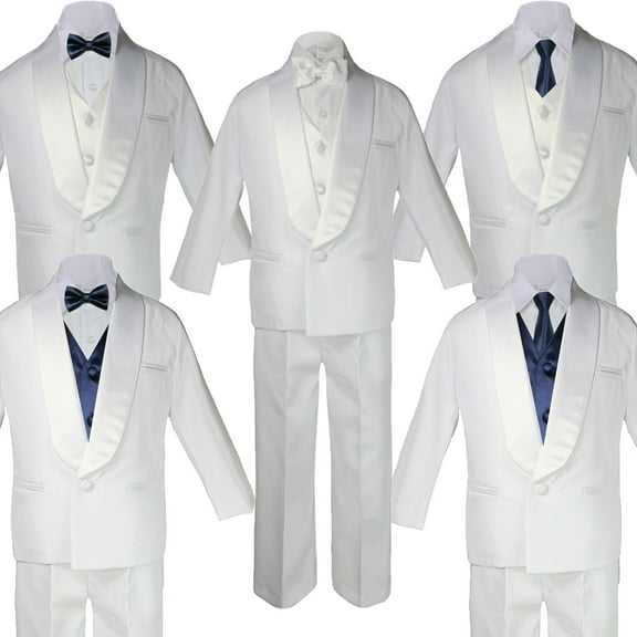 Baby Teen White Satin Shawl Lapel Suits Tuxedo NAVY BLUE Satin Bow Necktie Vest