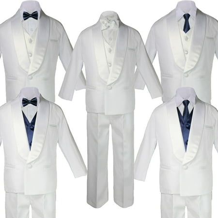 

Baby Teen White Satin Shawl Lapel Suits Tuxedo NAVY BLUE Satin Bow Necktie Vest