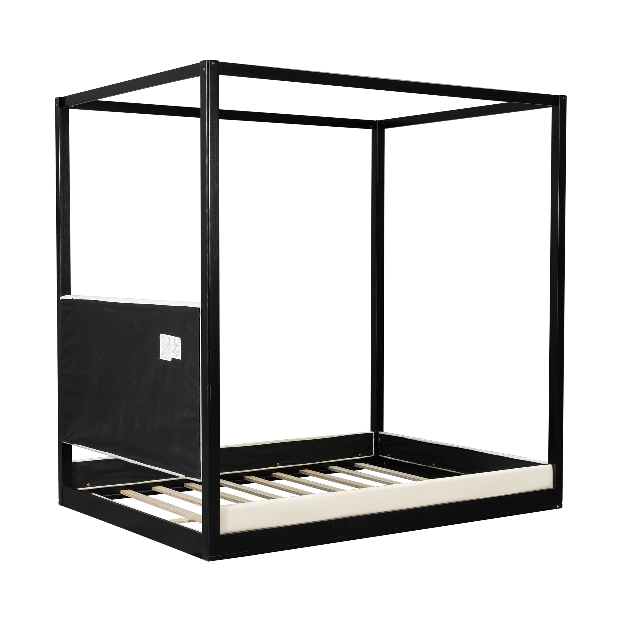 Euroco Wood Queen Size Canopy Bed with Upholstery Headboard, Black