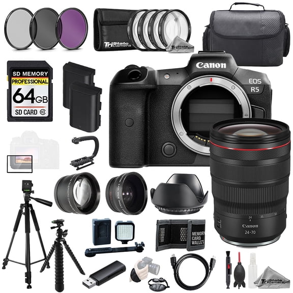 Canon EOS R5 Camera   RF 24-70mm f/2.8L IS USM Lens 64GB Ext Bat 9 PC Filter-MEGA Kit (International Version)