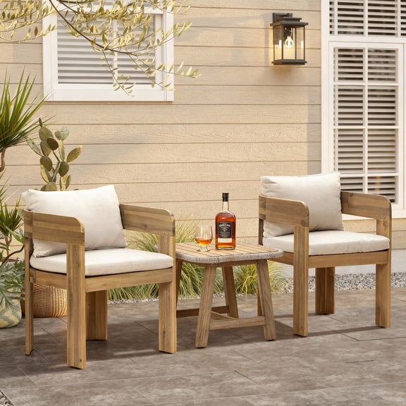 LuxenHome Set of 2 Modern Outdoor Acacia Wood Armchair with Cushions, Patio Lounge Seating