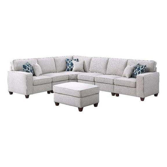 Devion Furniture 7-Piece Upholstered Fabric Sectional with Ottoman in Light Gray