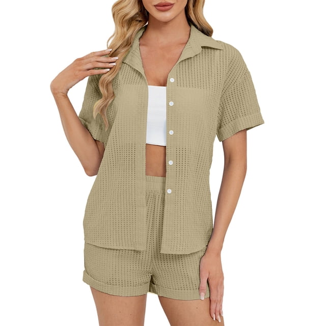 Conjunto de Color de Agua Manga Corta Casual Y Pantalones Cortos Traje, Color Sólido Deportes Hogar Vestir Trajes de Verano