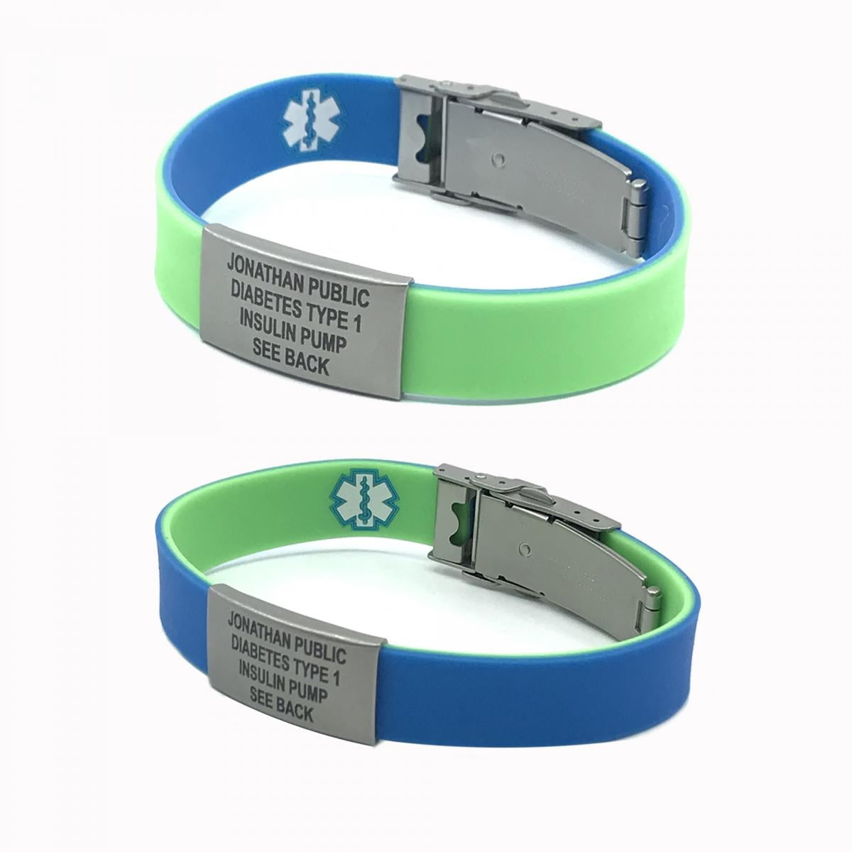 EpicBand Duo Reversible Medical Alert ID Bracelets – Free Custom Engraving Pink Glo / Purple Sequin | Universal Medical Data