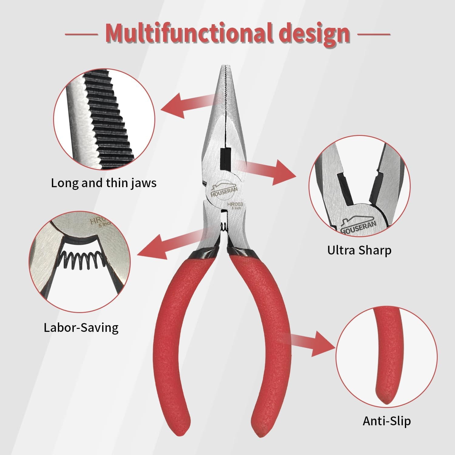 Needle Nose , 5 Inch, 5 Pack, Long Nose with Side Cutter, Spring Loaded for Cutting and Bending Wire