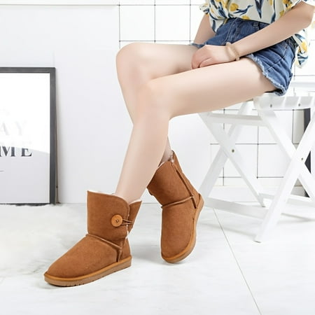 

Round Toe Button Winter Snow Boots Solid Color Non-slip Faux Fur Lined Ankle Boots Women s Footwear