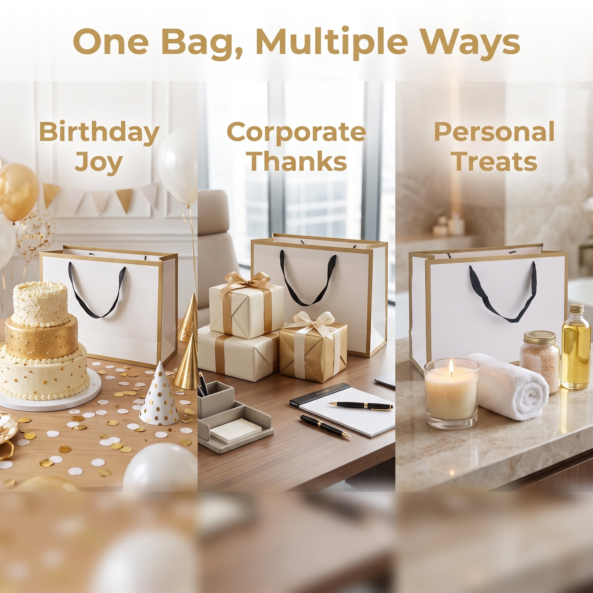 Unique Bargains Sturdy Thick Horizontal Paper Gift Bags White Gold 12.6" x 4.3" x 9.8"