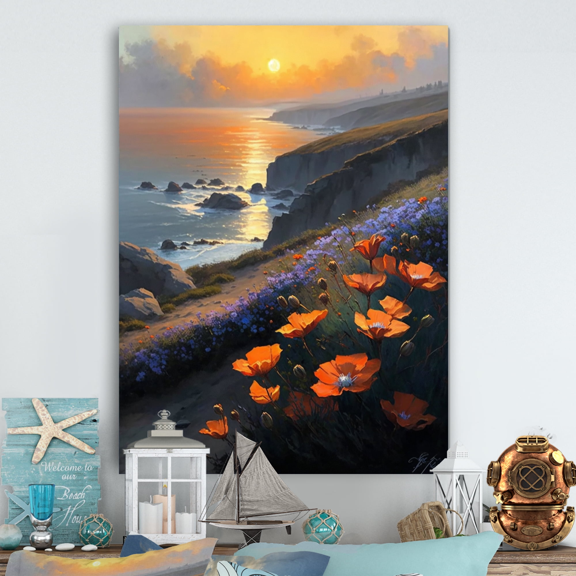 Designart Orange Flowers By The Coast II Canvas Wall Art