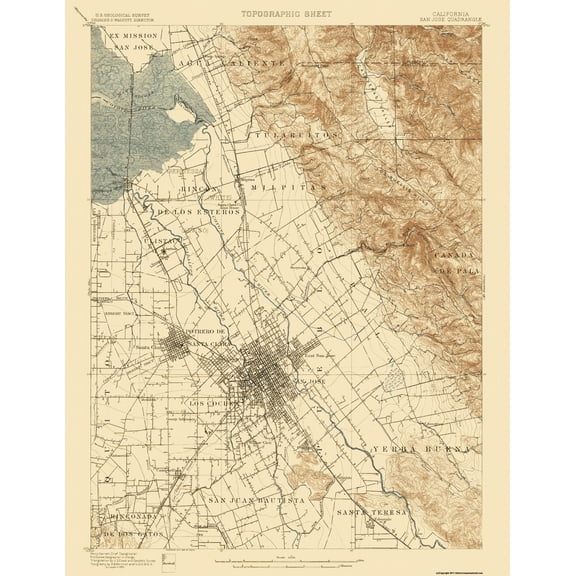 Topographical Map - San Jose California Quad - USGS 1899 - Vintage Wall Art