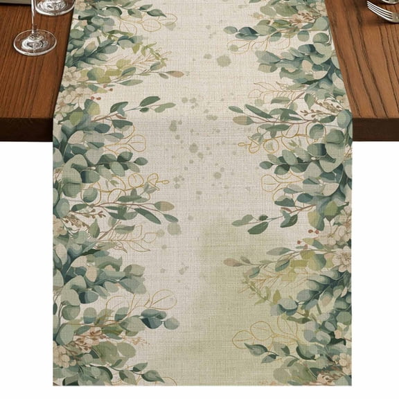Spring Eucalyptus Table Runner 70 Inches Long,Summer Botanical Leaves Beige Watercolor Cotton Linen Table Runners Dresser Scarves,Fabric Tabletop Scarf Furniture Cover for Home Dinner Party 13"x70"