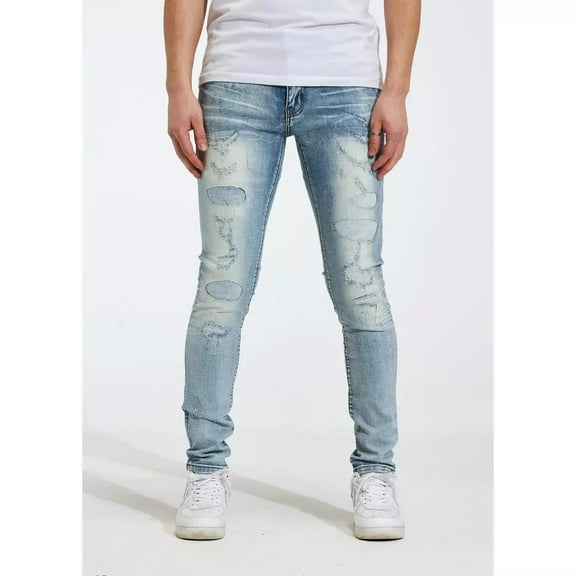 Crysp Denim Men's Distressed Rip & Repair Stonewashed Skinny Fit Stretch Jeans (28, Light Blue)
