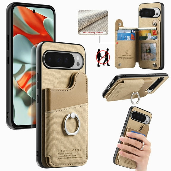 for Google Pixel 9 Pro XL Case with Credit Card Holder, Back Flip Wallet Case with Ring Holder Stand and Ring Grip, Cowboy Texture PU Leather Protective Cover for Google Pixel 9 Pro XL, Khaki