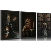 Vintage Library Canvas Wall Art Gothic Dark Academia Aesthetic Posters Prints Paintings Victorian Antique Book Wall Decor Pictures for Living Room Bedroom Reading Room Home（Only canvas）