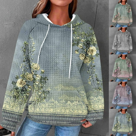QQAMB Sweatshirts for Women Waffle Floral Printed Drawstring Long Sleeve Hoodies Sweatshirts with Pocket Yellow S