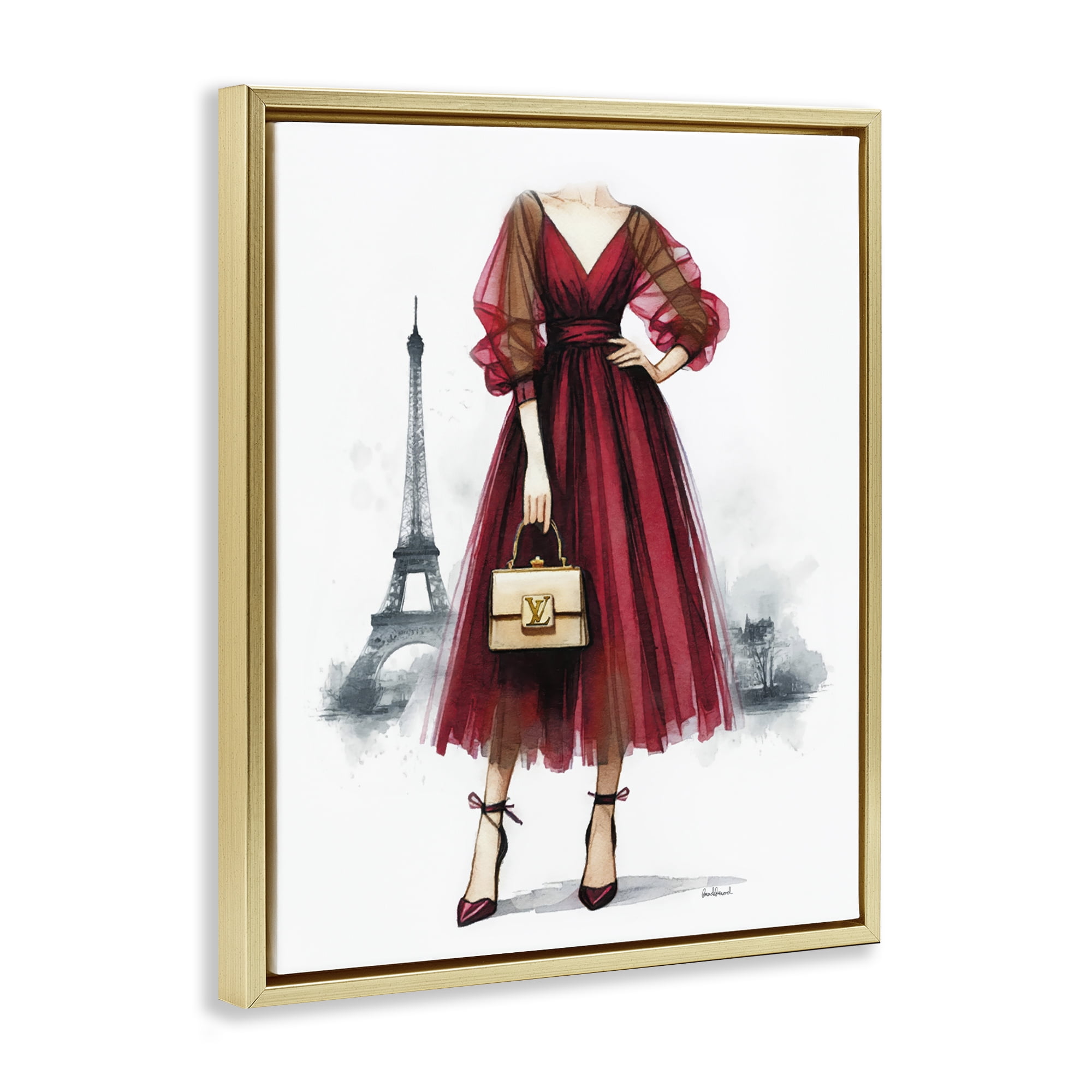 Stupell Industries Parisian Girl in Dress Fashion Painting Gold Floater Framed Canvas Art Print Wall Art, 17 x 21