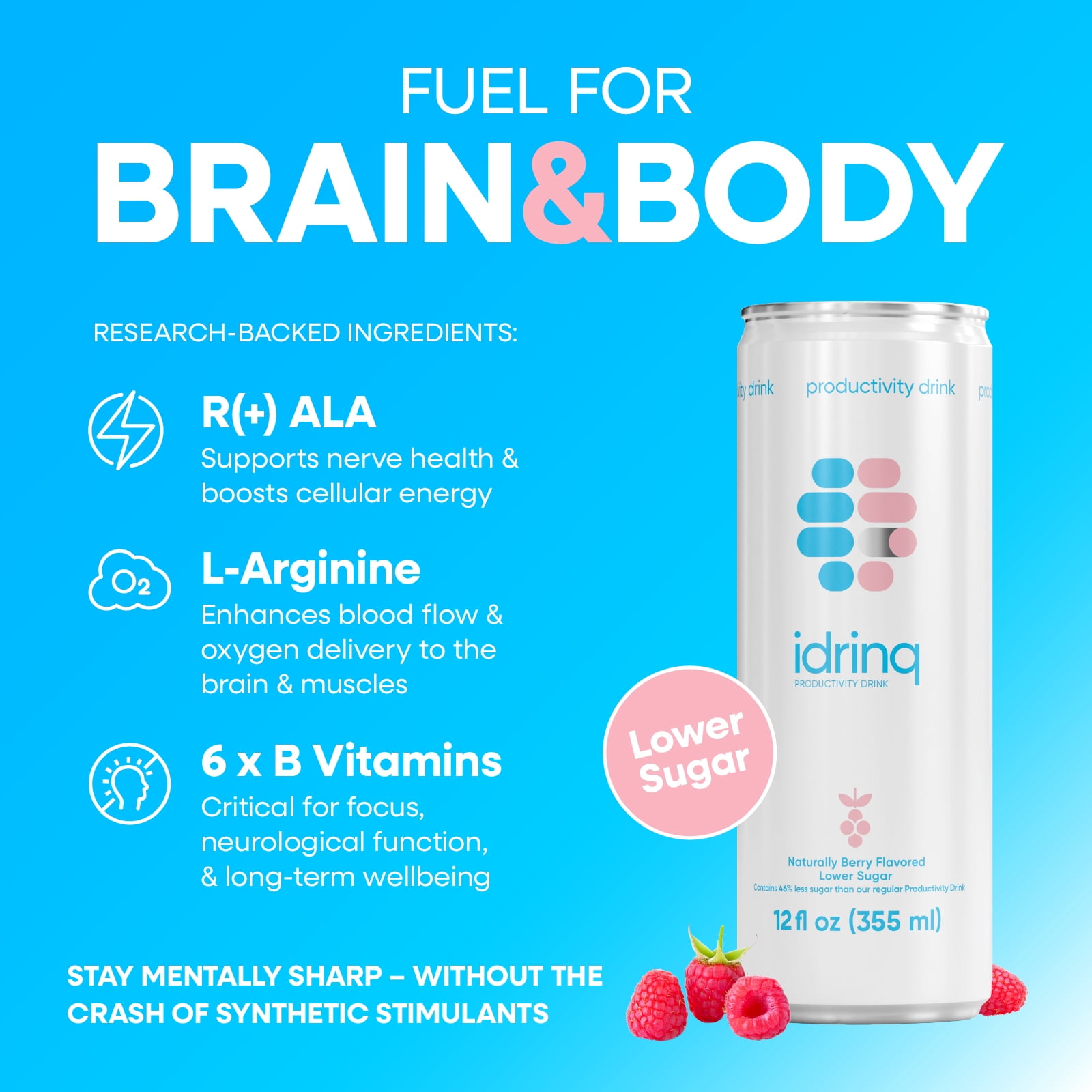 Idrinq - Low Sugar Berry, Caffeine Free Energy Drink, 12oz - 12-Count