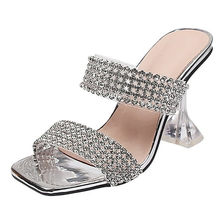 

CLZOUD Women s Extra Wide Width Sandals Silver foreign Trade Summer Fashion Cup Heel Flip Flop Women s Shoes Diamond Square Head High Heel Sandals 41