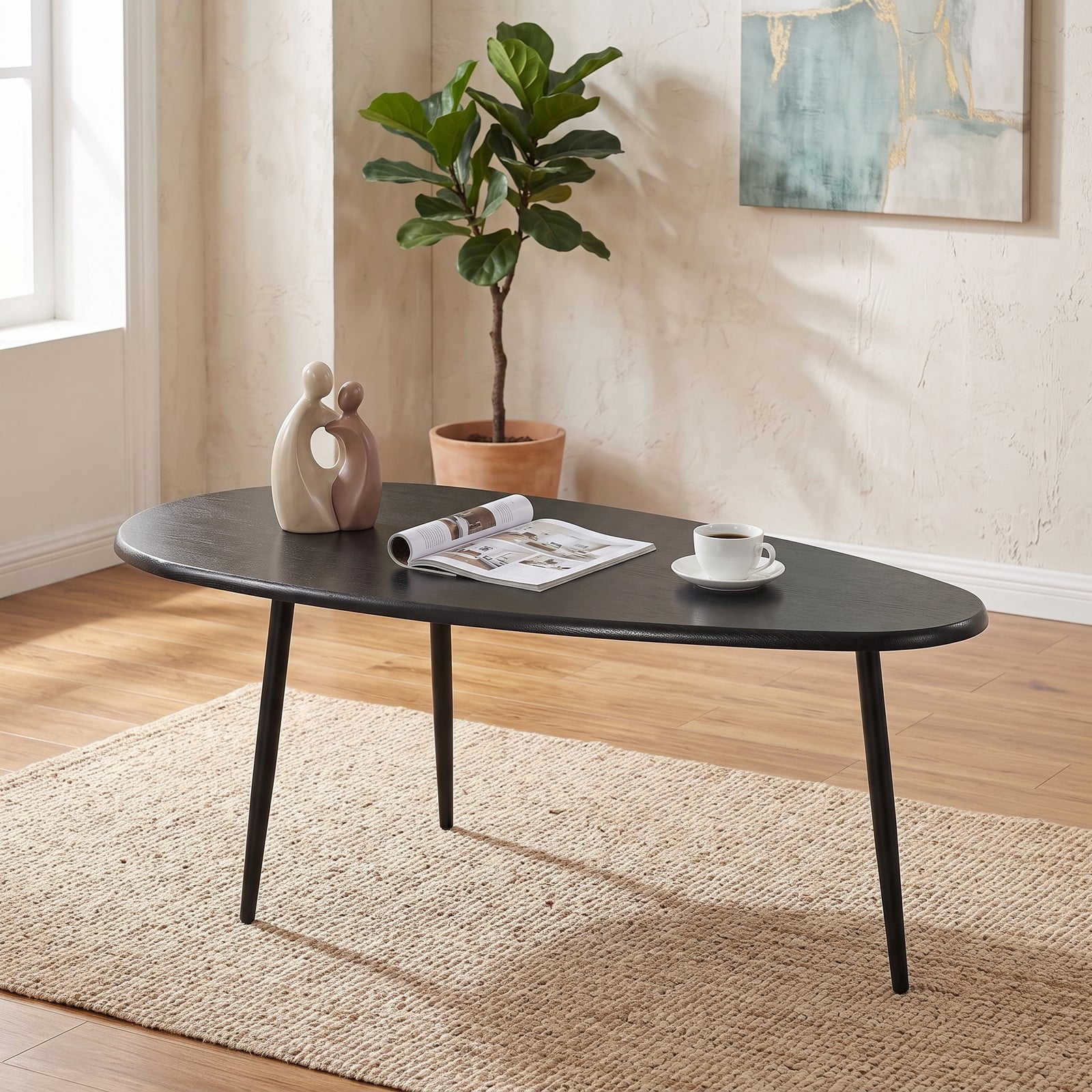 Furnibear Oval Coffee Table Mid Century Center Table with Sturdy Metal Frame, Open Storage Shelf & Adjustable Foot Pads for Living Room, Hallway & Lounge, Black