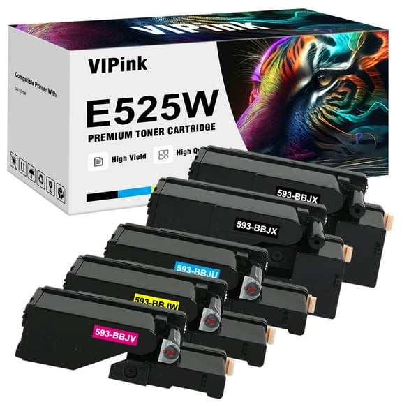 E525W Toner Cartridge Compatible for Dell E525W E525 525w for Dell 593-BBJU 593-BBJV 593-BBJW 593-BBJX High Yield Printer Ink (2x Black, 1x Cyan, 1x Magenta, 1x Yellow, 5-Pack)