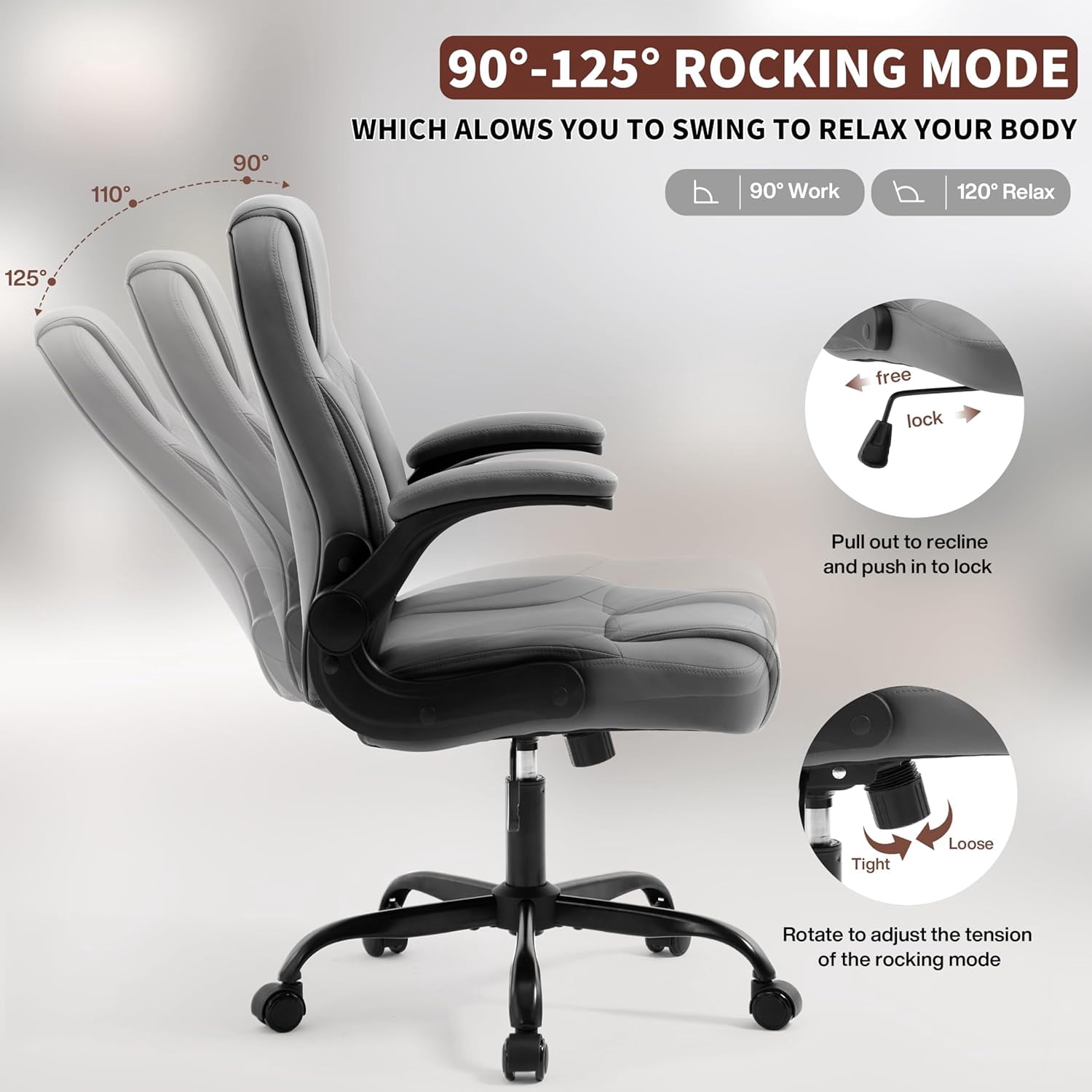 Nexthro Executive Office Chair PU,Leather Office Chair with Wheels,360° Swivel Rolling Chair with Padded Arms,Ergonomic Computer Chair with Lumbar Support for Short People Use(Gray)