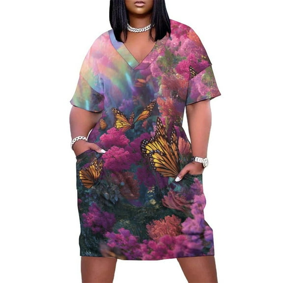 Butterflies Flowers Rainbow Magical Garden Summer Sundress for Curve Women Casual Pattern Plus Size V Neck Short Sleeve Loose Fit Oversize Dresses