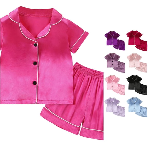 Gunia 2 Piece Kids Little Girl Pajamas Toddler Baby Summer Cartoon Print Button Up Short Sleeve Tops And Shorts Sets Pjs Loungewear Red 7-8 Years