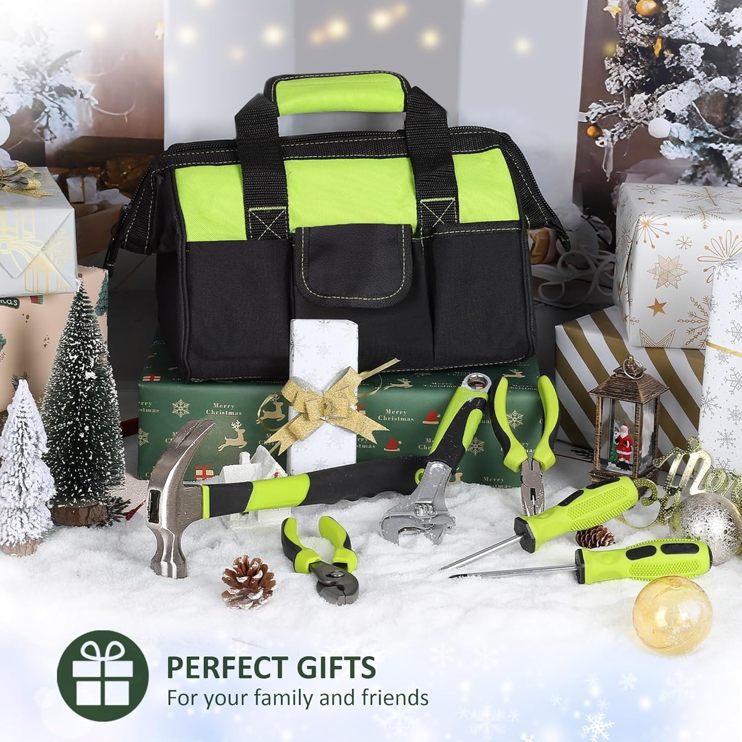 220-Piece Home Tool Set, Household Repairing Tool Kit, with 12-Inch Wide Mouth Open Storage Tool Bag, Green