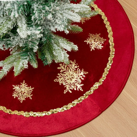 24 inches Velvet Christmas Tree Skirt Red Wine Gold Fur Plush Tree Skirt Luxury Xmas Skirts for Merry Christmas Party Vintage Holiday Decorations(Red with Gold Embroidered Snowflakes)