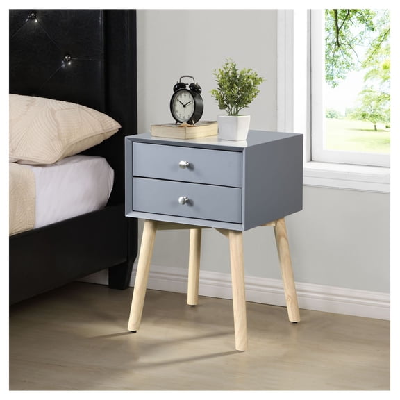 Gray Side Table with 2 Drawers - Modern Nightstand with Rubber Wood Legs - Bedroom & Living Room Storage Cabinet