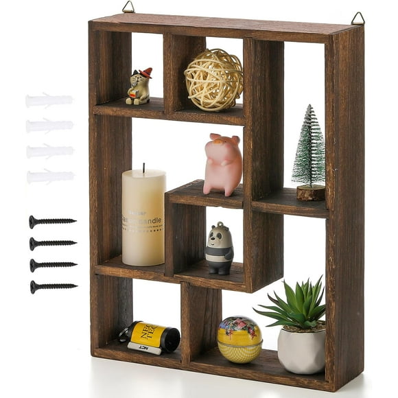 ParentWood Shadow Box, 15" x 12" Cubes Display Shelf, Freestanding & Wall Mountable Floating Shelves, 7-Compartment Knickknack Display Organizer with Screws