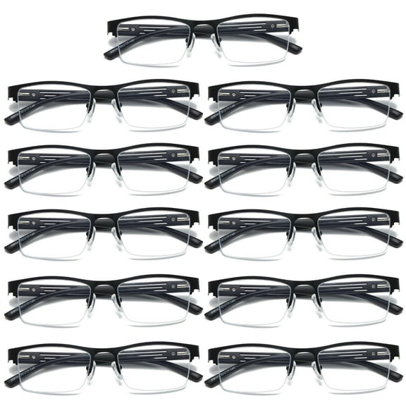 B & Q 11 PK Mens Reading Glasses Spring Hinge - Square Metal Half-Frame - Blue Light Blocker Readers  0.75