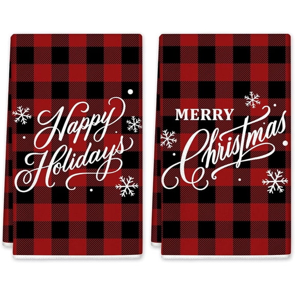 2 Pack Merry Christmas Kitchen Towel Buffalo Plaid Red Black Dish Towel Xmas Hand Drying Tea Towel for Winter Holiday Cooking Baking Cleaning Wiping, 18 x 26 Inch
