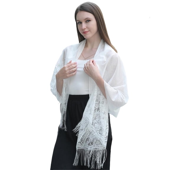WE-POLUJ Church Prayer Shawl with Fringe Trim Lace Shawl for Woman Summer Sunproof Scarf