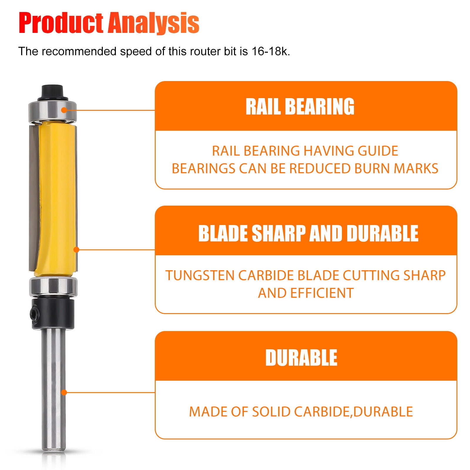 2Pcs 1-1/2" 1/4" Shank Flush Trim Top Bottom Bearing Router Bit Woodworking Tool
