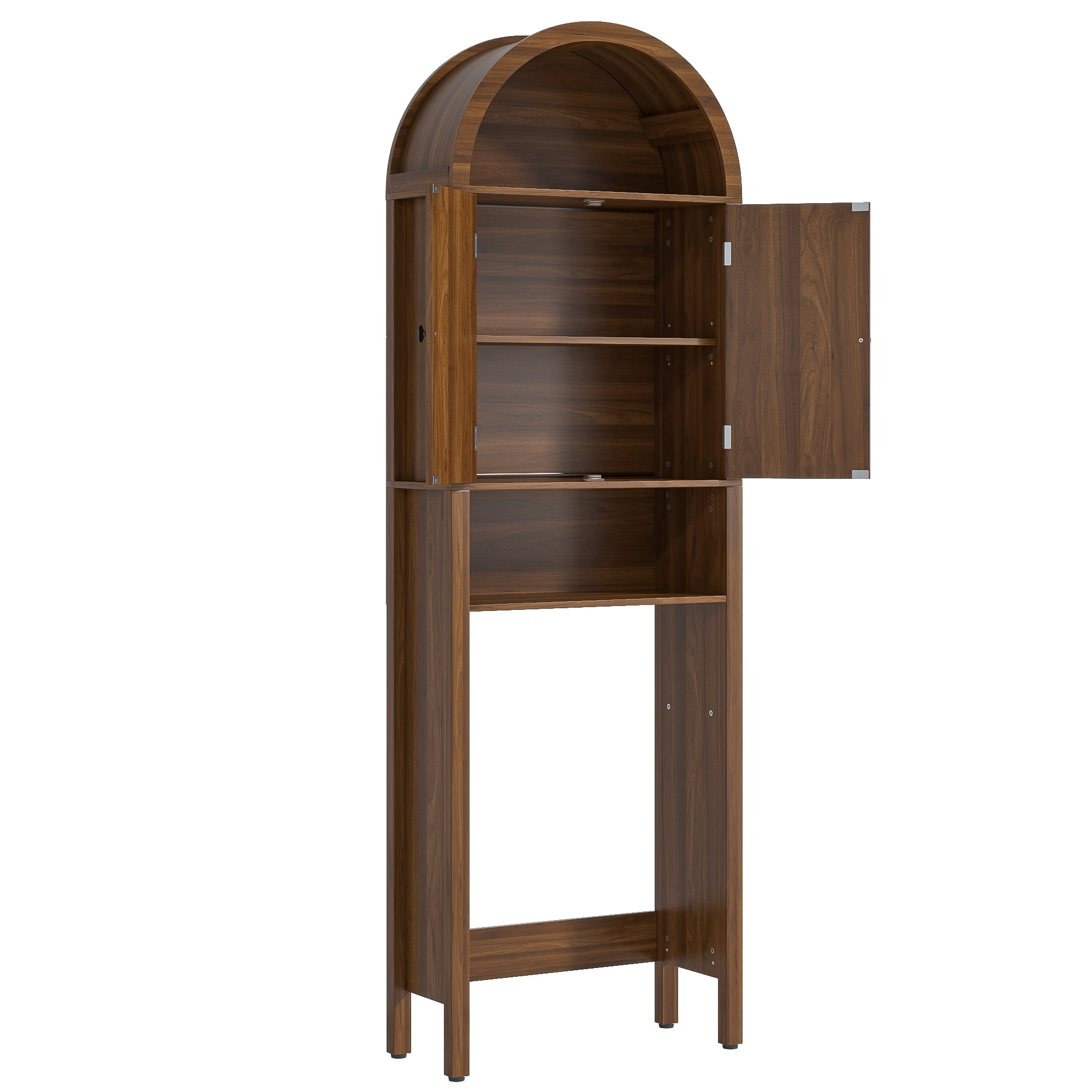 Over The Toilet Storage Cabinet, Arched Cabinet Shelf Organizer with Adjustable Shelves and Fluted Doors, Walnut