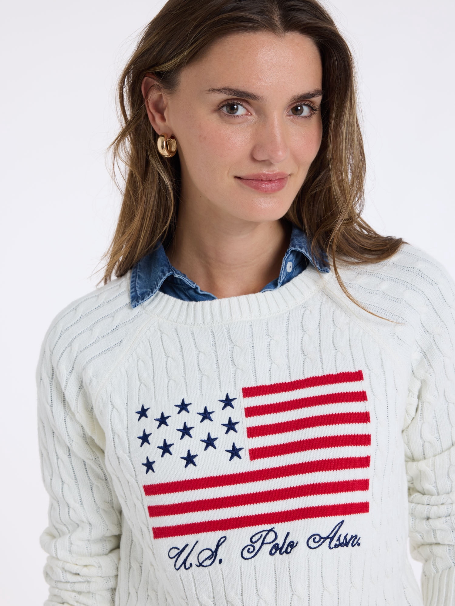 U.S. Polo Assn. Women's Cable Raglan Flag Sweater
