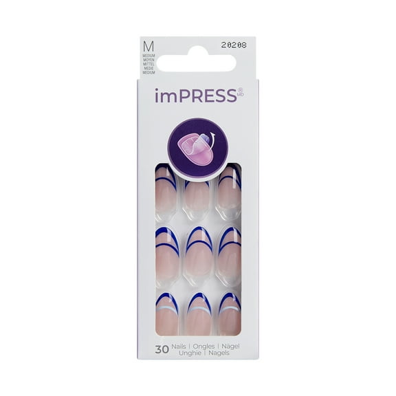 KISS imPRESS Design  Press on Nails, Sweet Faces, Blue, Medium Almond, 30 Count