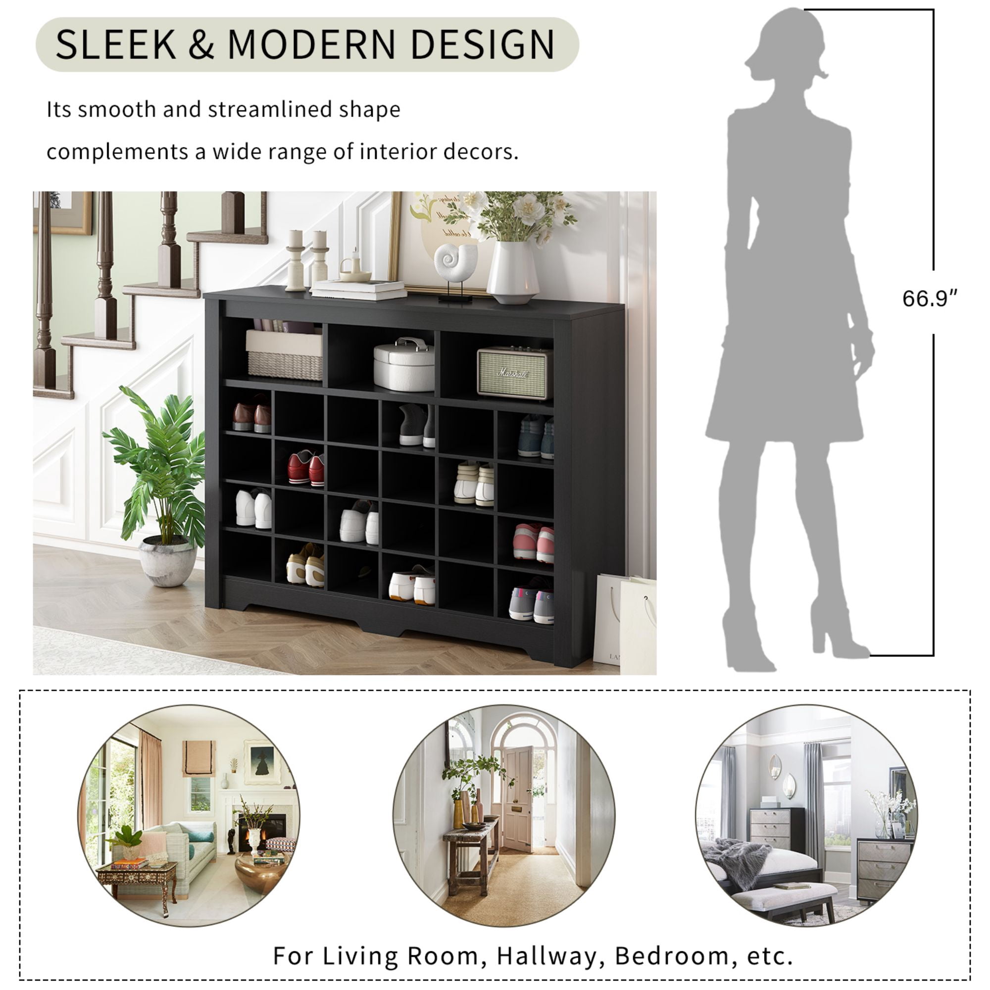 DEALTOPS Modern Freestanding Shoe Cabinet with 24 Square Shoe Compartments, Stylish Shoe Rack with Large Storage Capacity for Entryway - Black