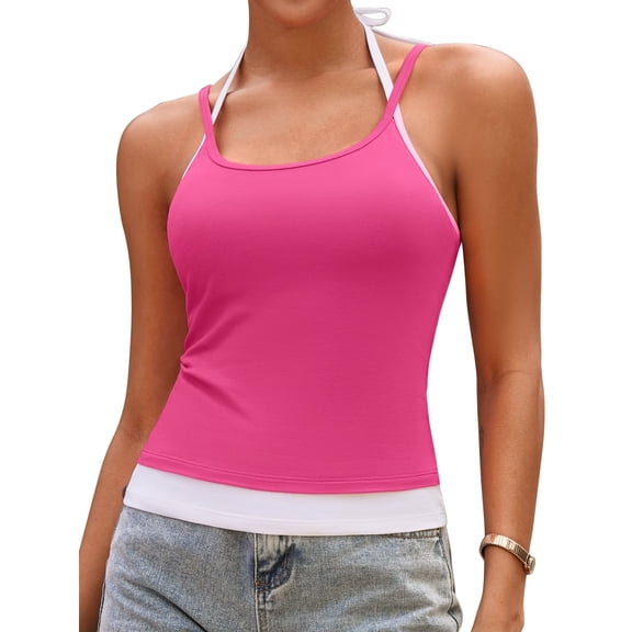Sociala Halter Crop Tank Tops for Womens Color Blocked Summer Cami Tops Adjustable Straps Camisoles