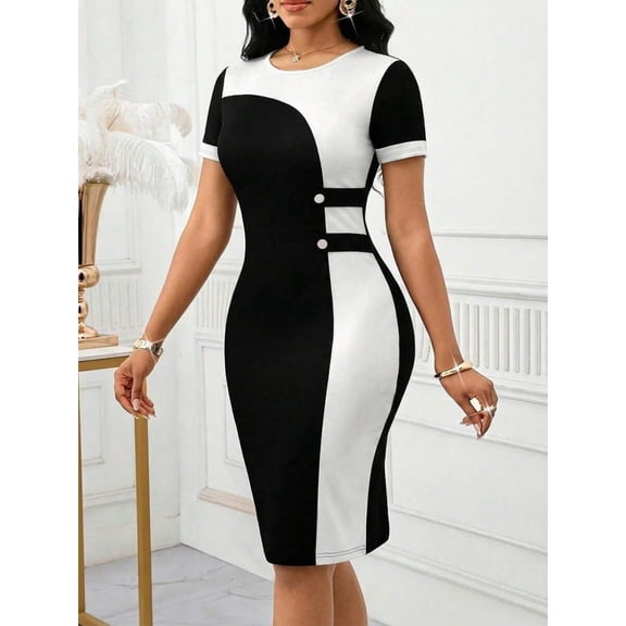 Black And White Colorblock Round Neck Short Sleeve Bodycon Pencil Dress For Women Slim Fit Waist Cinched Party Dress