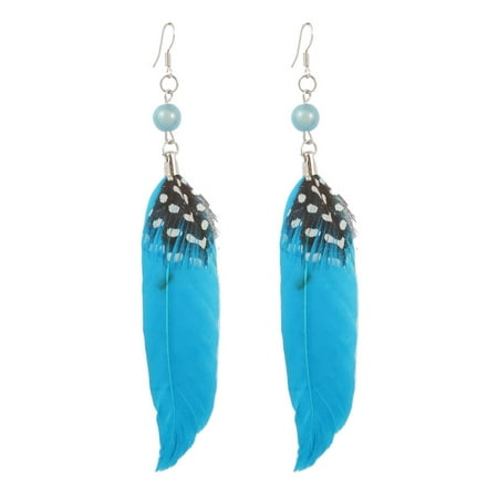 Turquoise Dangling Hook Earrings - Turquoise Blue Faux Feather Plastic Beads Dangling Fish Hook Earrings