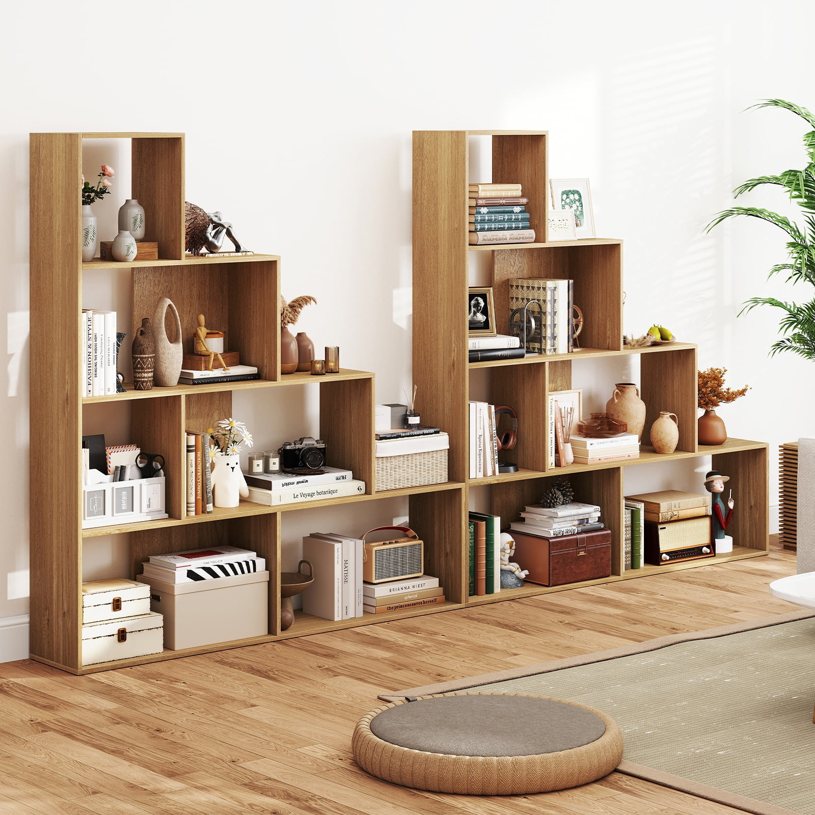 Giantex 4-Tier Stepped Bookshelf, Freestanding Ladder Storage Shelf w/ 6 Cubes, Modern Display Rack, Natural