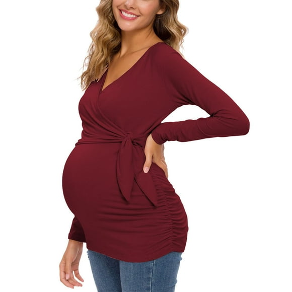Glampunch Women's Maternity Shirts Short & Long Sleeve Tie Front Wrap Maternity Tops