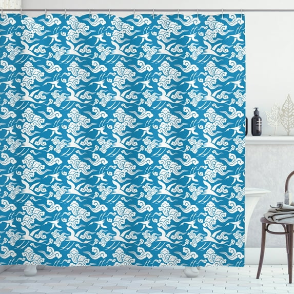 Cloud Shower Curtain, Oriental Classical Japanese Cloud and Crane Pattern on Blue Toned Background, Fabric Bathroom Set with Hooks, 69W X 84L Inches Extra Long, Blue and White, by Ambesonne