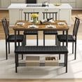 thumbnail image 2 of PORKISS Dining Table Set for 6, 6 Piece Dining Room Set with 4 PU Leather Chairs and Bench, Kitchen Table and Chairs Set with Storage Rack, Rectangular Dining Table Set for Apartment, Brown + Black, 2 of 8